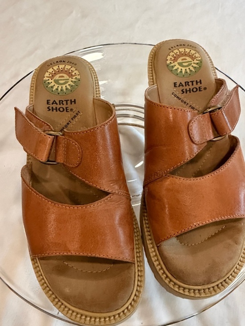 Vintage Earth Shoes Willow Brown Leather Slide Sandals with Buckle Size 9